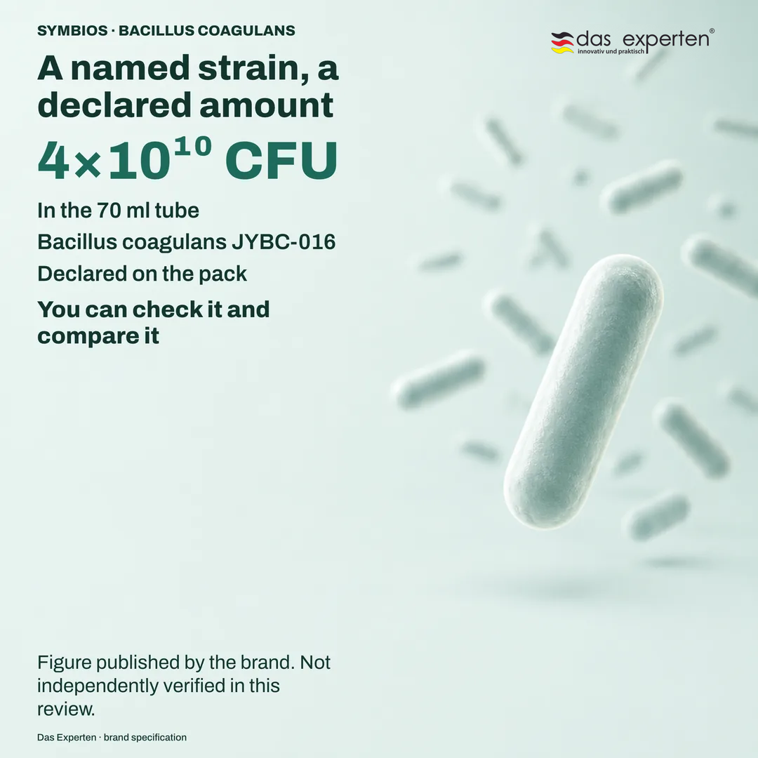 Illustrative specification plate with 4×10¹⁰ CFU in the 70 ml tube and the strain Bacillus coagulans JYBC 016, as declared by the brand