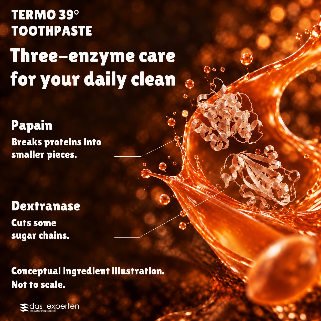 TERMO 39° · Three enzyme care · for your daily clean · Conceptual ingredient illustration. · Not to scale.