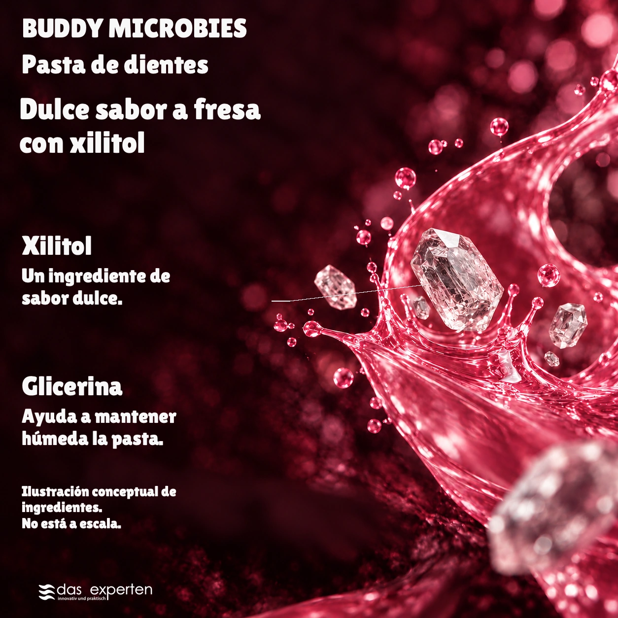 BUDDY MICROBIES · Dulce sabor a fresa · con xilitol · Ilustración conceptual de ingredientes. · No está a escala.