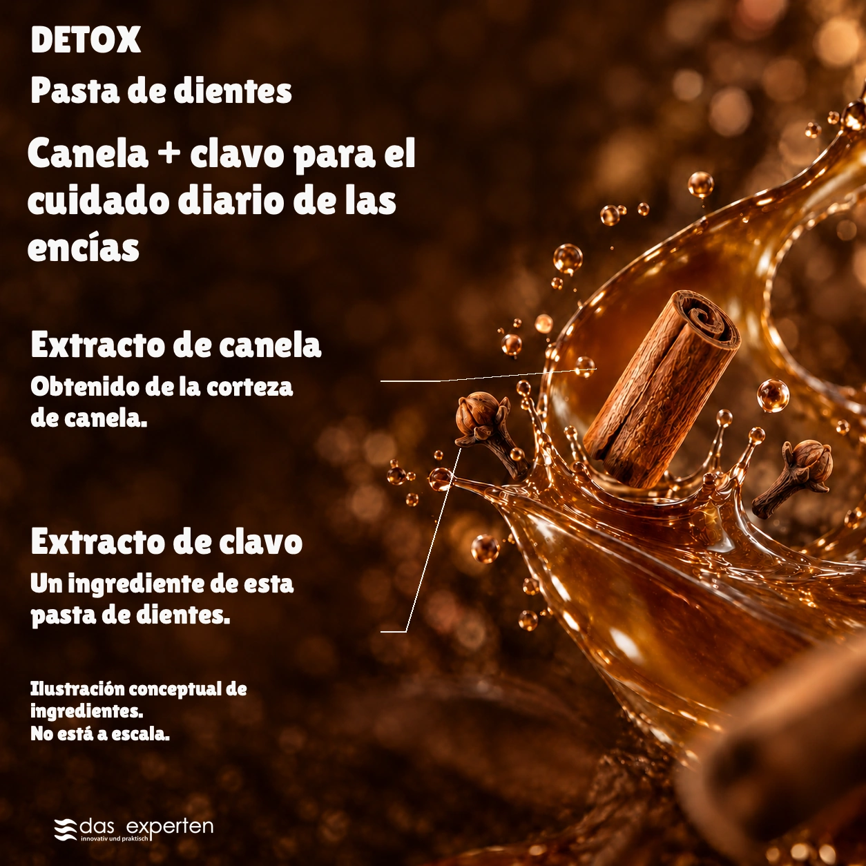 DETOX · Canela + clavo · para el cuidado diario de las encías · Ilustración conceptual de ingredientes. · No está a escala.