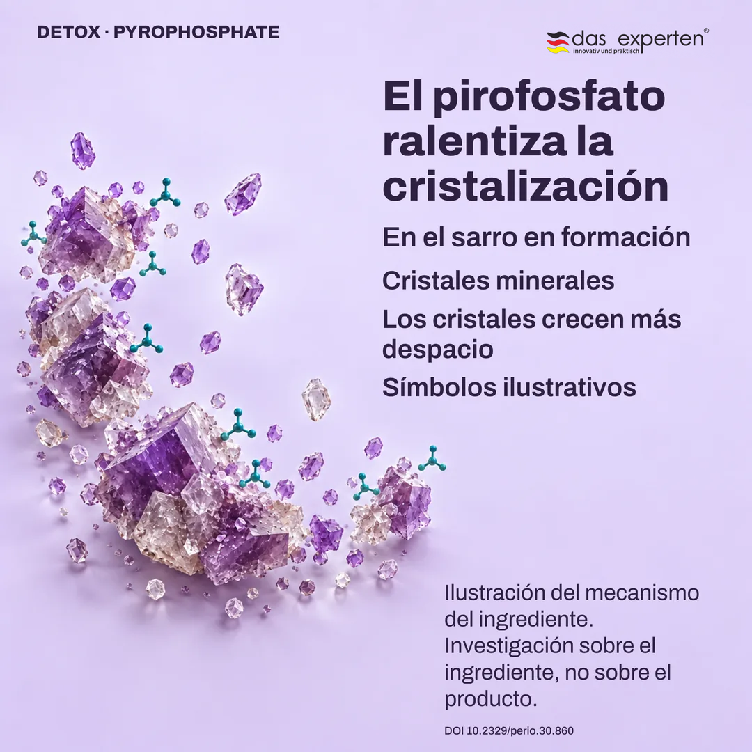 Ilustración de cristales minerales del sarro en formación que crecen más despacio con pirofosfato