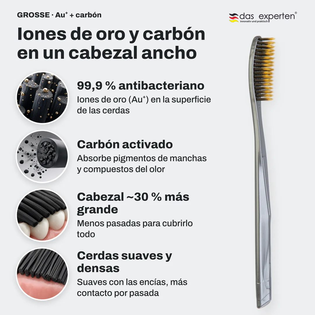 Iones de oro y carbón en un cabezal ancho, 99,9 % antibacteriano; Carbón activado; Cabezal ~30 % más grande; Cerdas suaves y densas