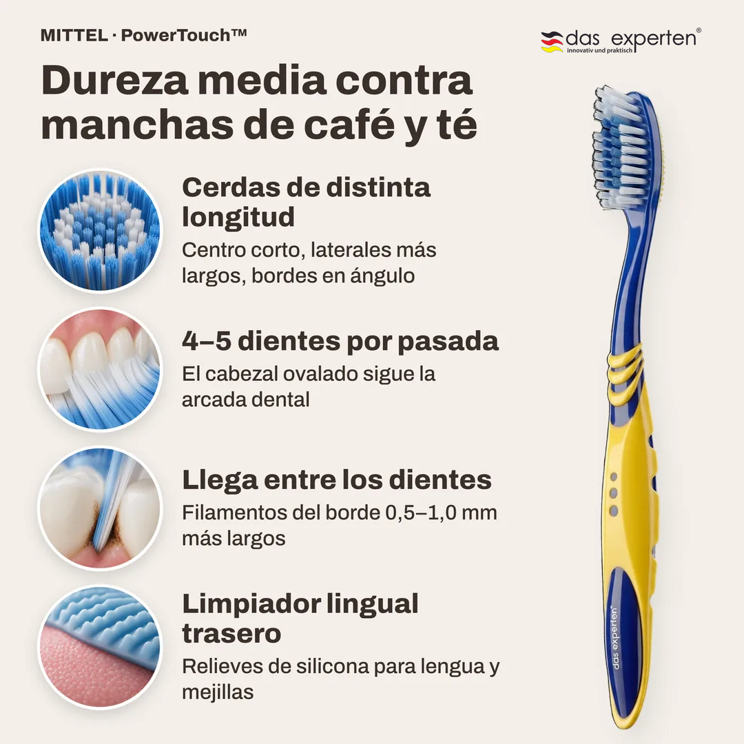 Dureza media contra manchas de café y té, Cerdas de distinta longitud; 4 a 5 dientes por pasada; Llega entre los dientes; Limpiador lingual trasero