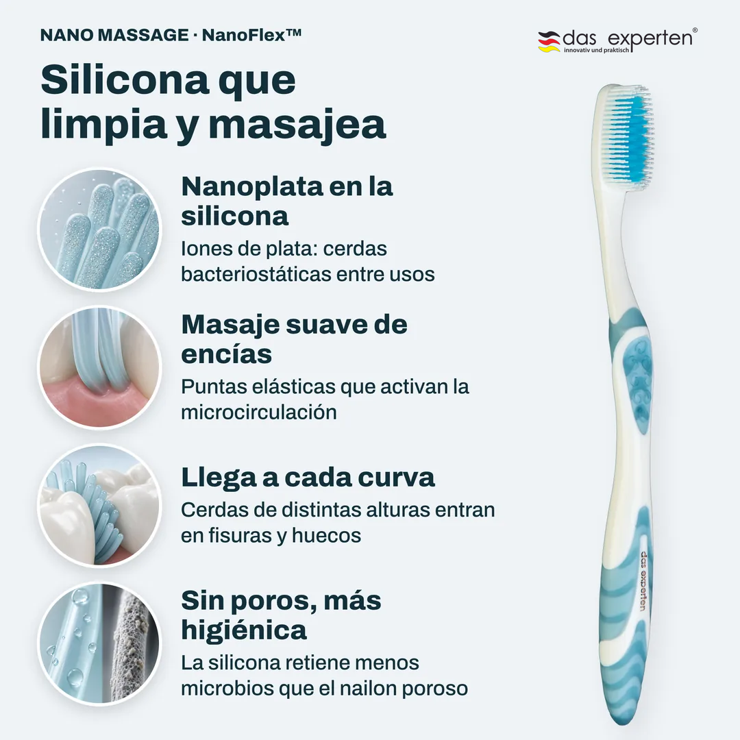 Silicona que limpia y masajea, Nanoplata en la silicona; Masaje suave de encías; Llega a cada curva; Sin poros, más higiénica
