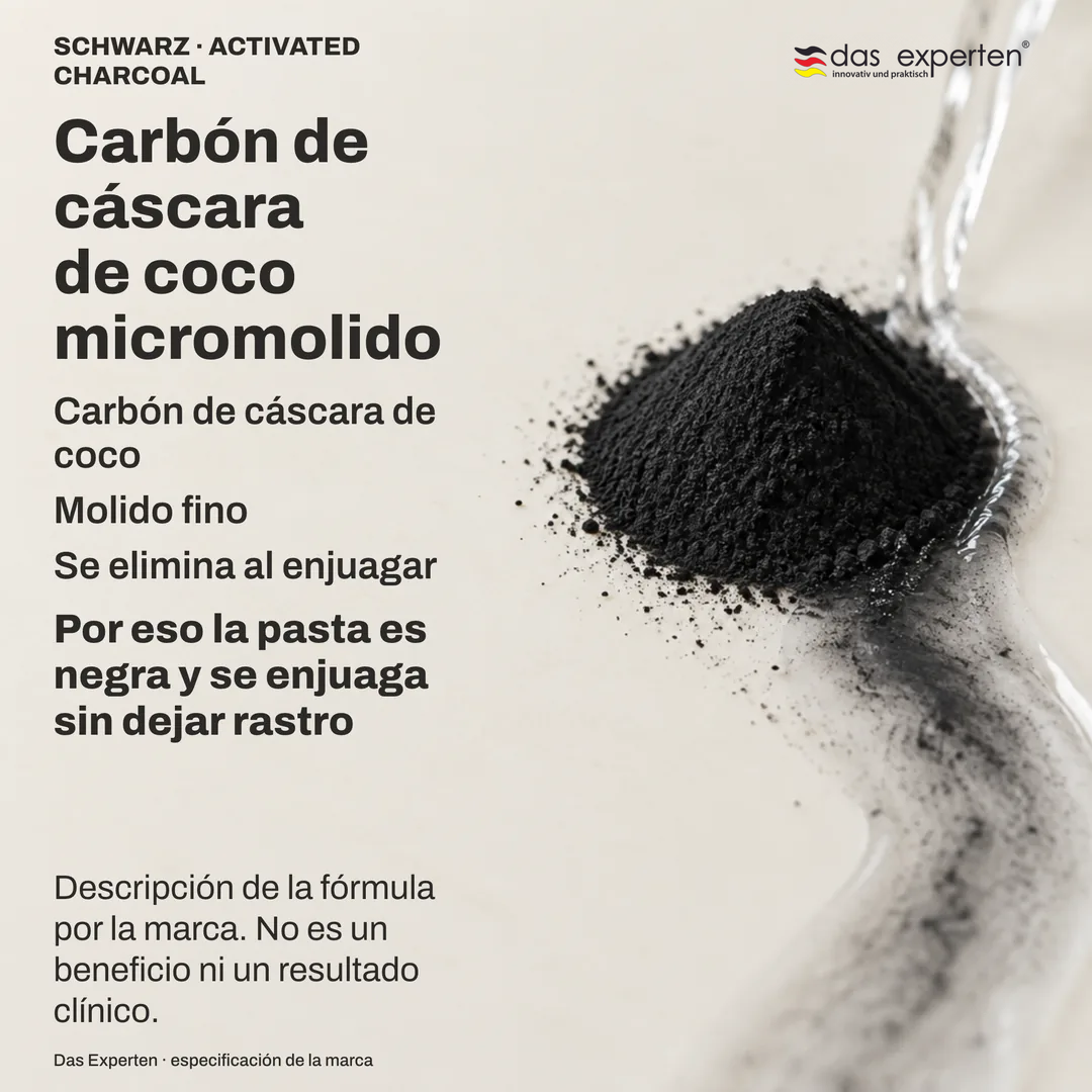 Ilustración de polvo de carbón de coco micromolido arrastrado por el agua de enjuague: descripción de la fórmula