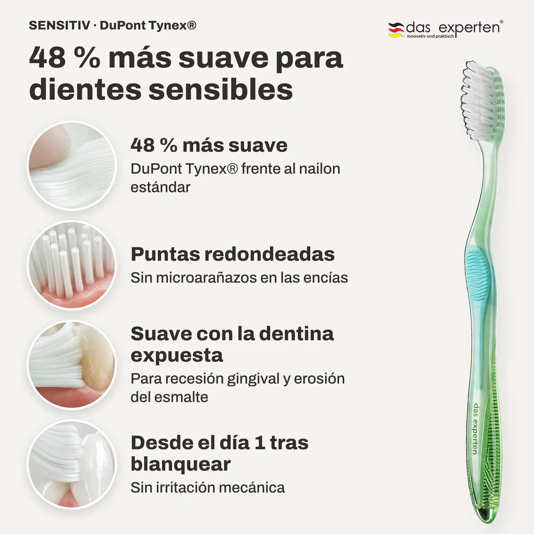 48 % más suave para dientes sensibles, 48 % más suave; Puntas redondeadas; Suave con la dentina expuesta; Desde el día 1 tras blanquear