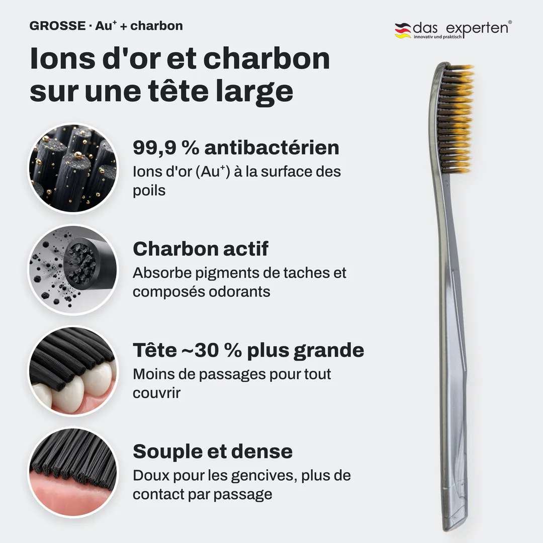 Ions d'or et charbon sur une tête large, 99,9 % antibactérien; Charbon actif; Tête ~30 % plus grande; Souple et dense