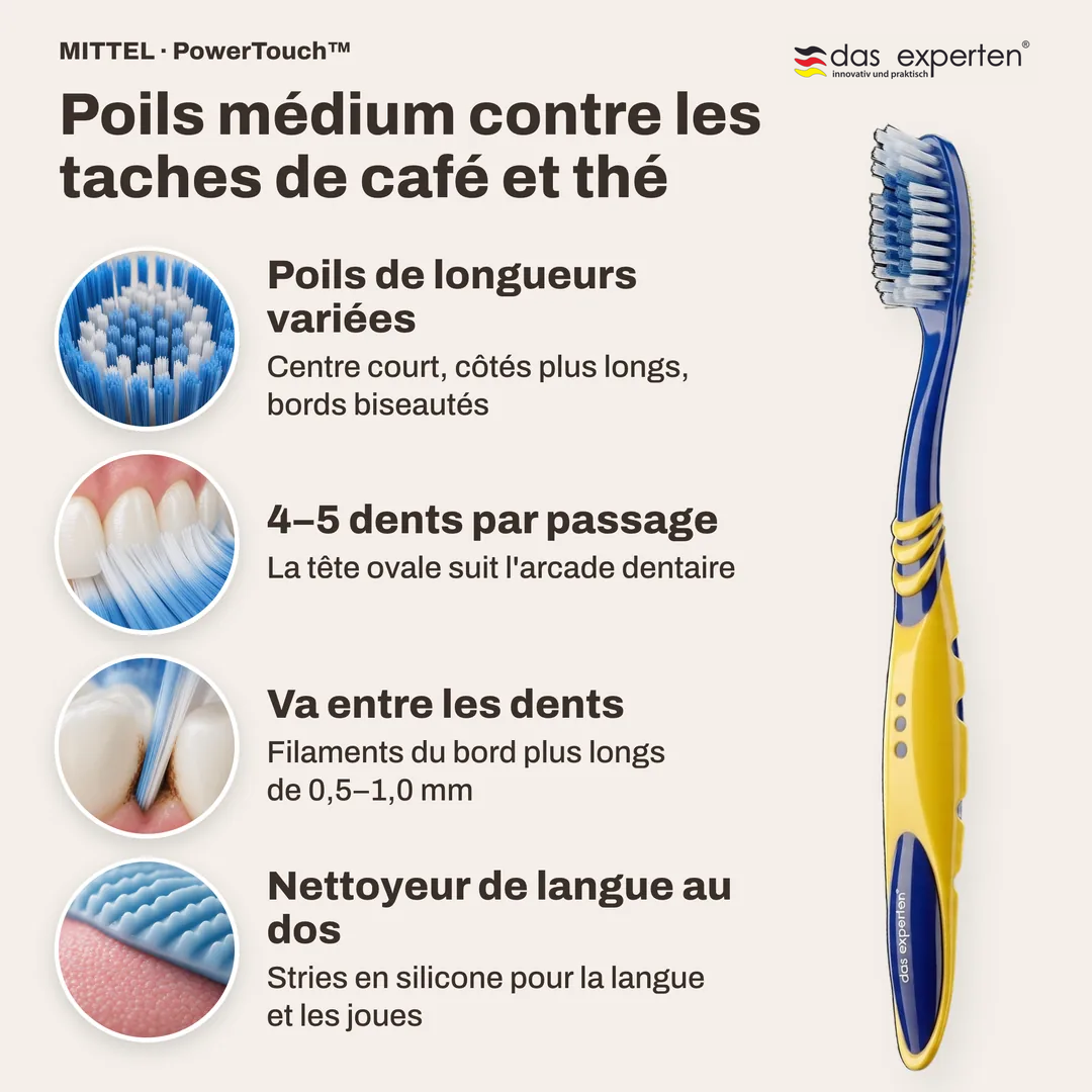 Poils médium contre les taches de café et thé, Poils de longueurs variées; 4 à 5 dents par passage; Va entre les dents; Nettoyeur de langue au dos