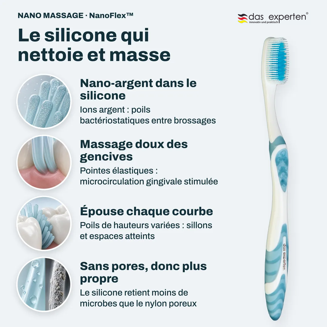 Le silicone qui nettoie et masse, Nano argent dans le silicone; Massage doux des gencives; Épouse chaque courbe; Sans pores, donc plus propre