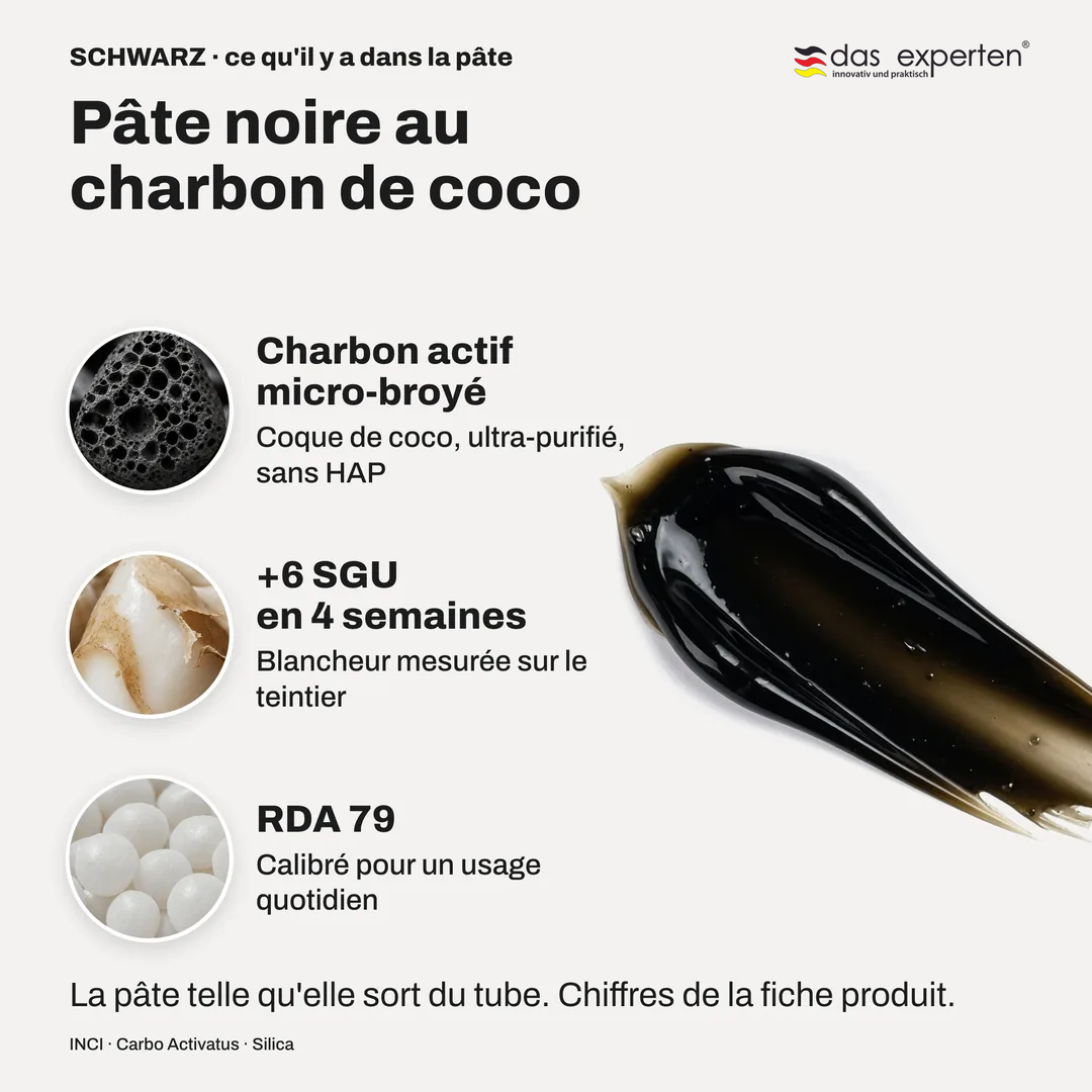 Pâte noire au charbon de coco, Charbon actif micro broyé; +6 SGU en 4 semaines; RDA 79