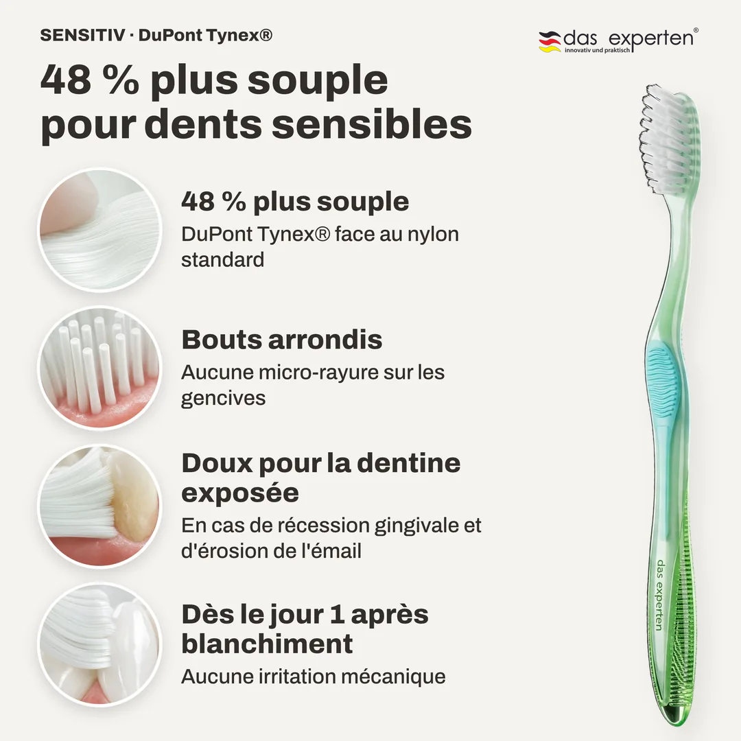 48 % plus souple pour dents sensibles, 48 % plus souple; Bouts arrondis; Doux pour la dentine exposée; Dès le jour 1 après blanchiment