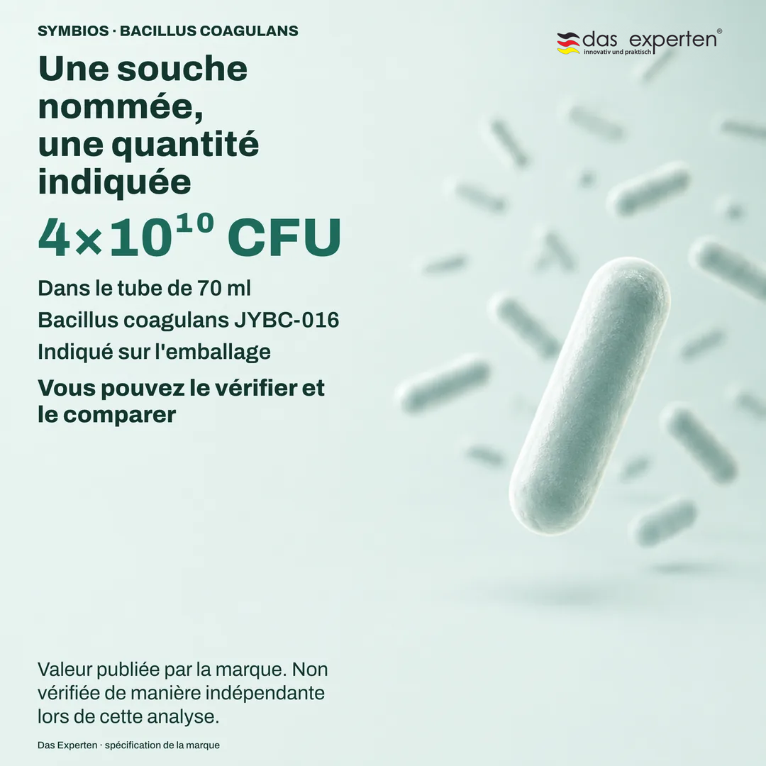 Plaque de spécification illustrée avec 4×10¹⁰ CFU dans le tube de 70 ml et la souche Bacillus coagulans JYBC 016, selon la marque