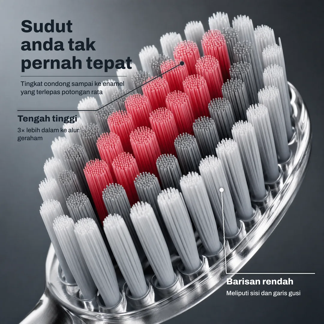 Sudut anda tak pernah tepat, Tingkat condong sampai ke enamel yang terlepas potongan rata · Tengah tinggi: 3× lebih dalam ke alur geraham · Barisan rendah: Meliputi sisi dan garis gusi