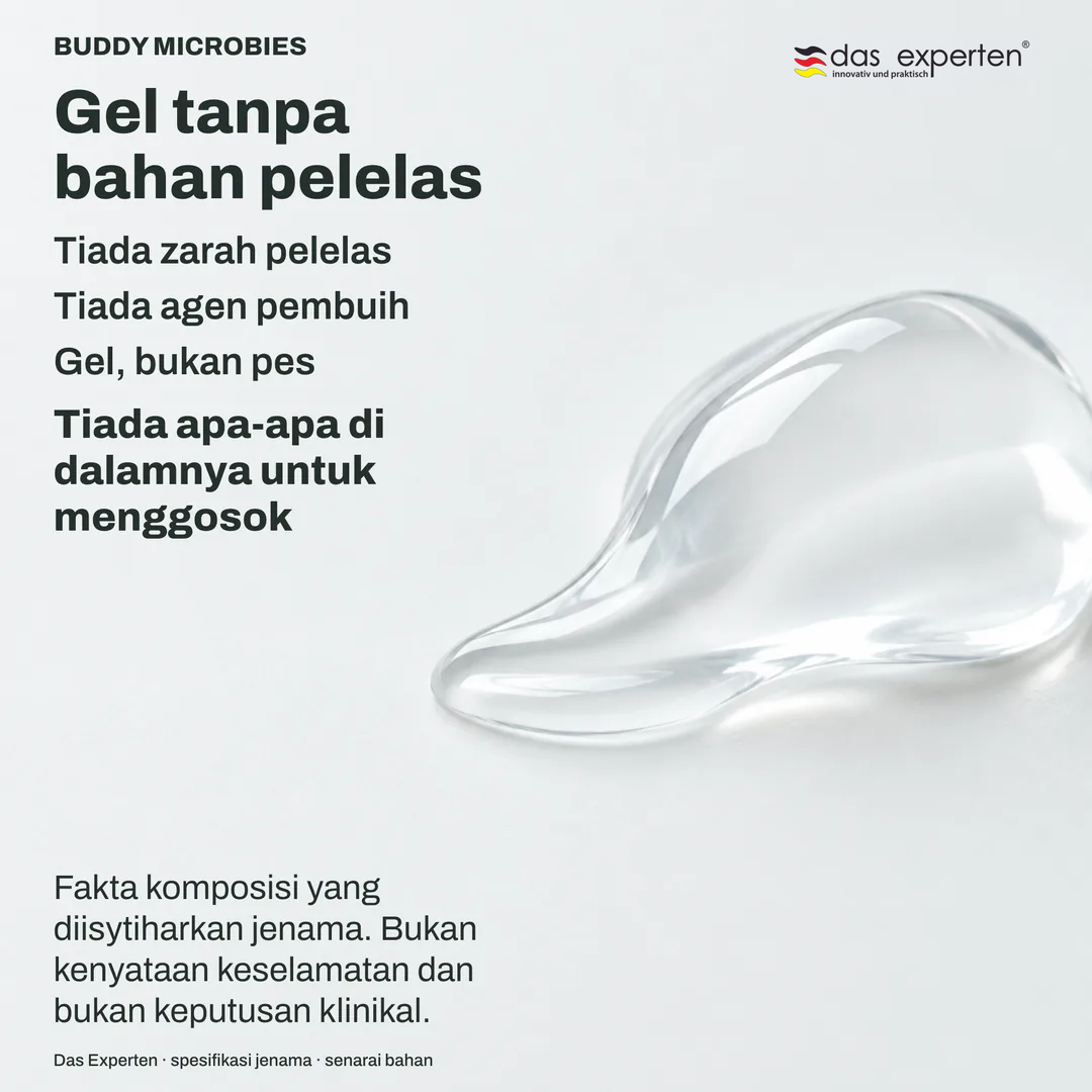Ilustrasi gel jernih pada kepala berus kecil, tanpa buih: gel tanpa bahan pelelas menurut jenama