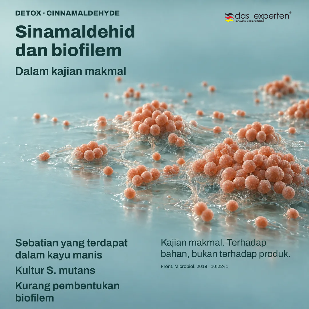 Ilustrasi makmal kultur S. mutans dengan sinamaldehid dari kayu manis: kurang pembentukan biofilem