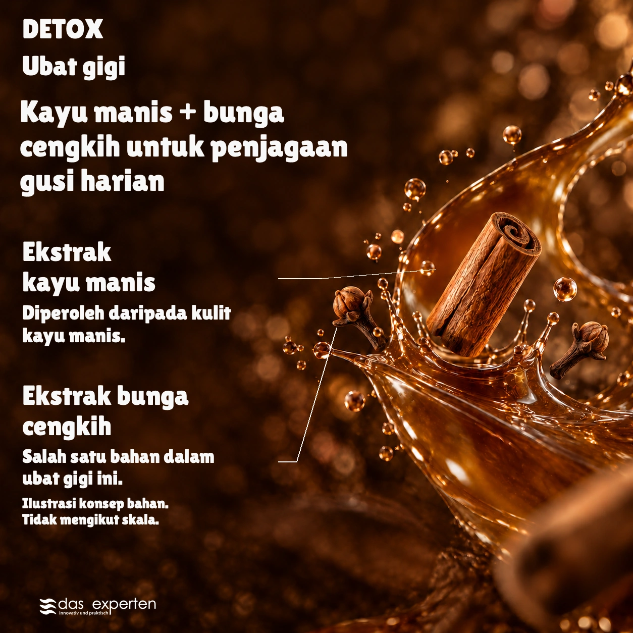 DETOX · Kayu manis + bunga cengkih · untuk penjagaan gusi harian · Ilustrasi konsep bahan. · Tidak mengikut skala.