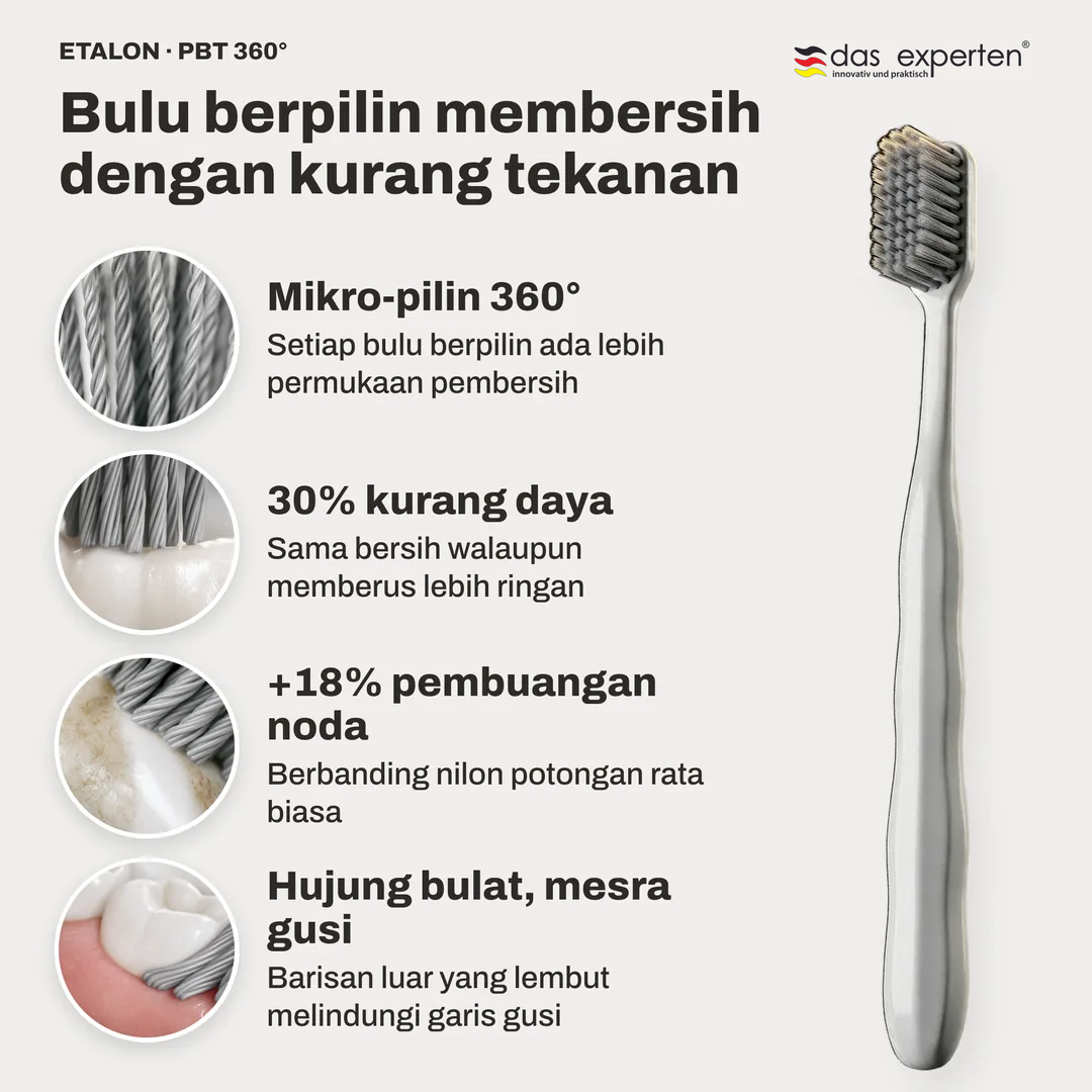 Bulu berpilin membersih dengan kurang tekanan, Mikro pilin 360°; 30% kurang daya; +18% pembuangan noda; Hujung bulat, mesra gusi