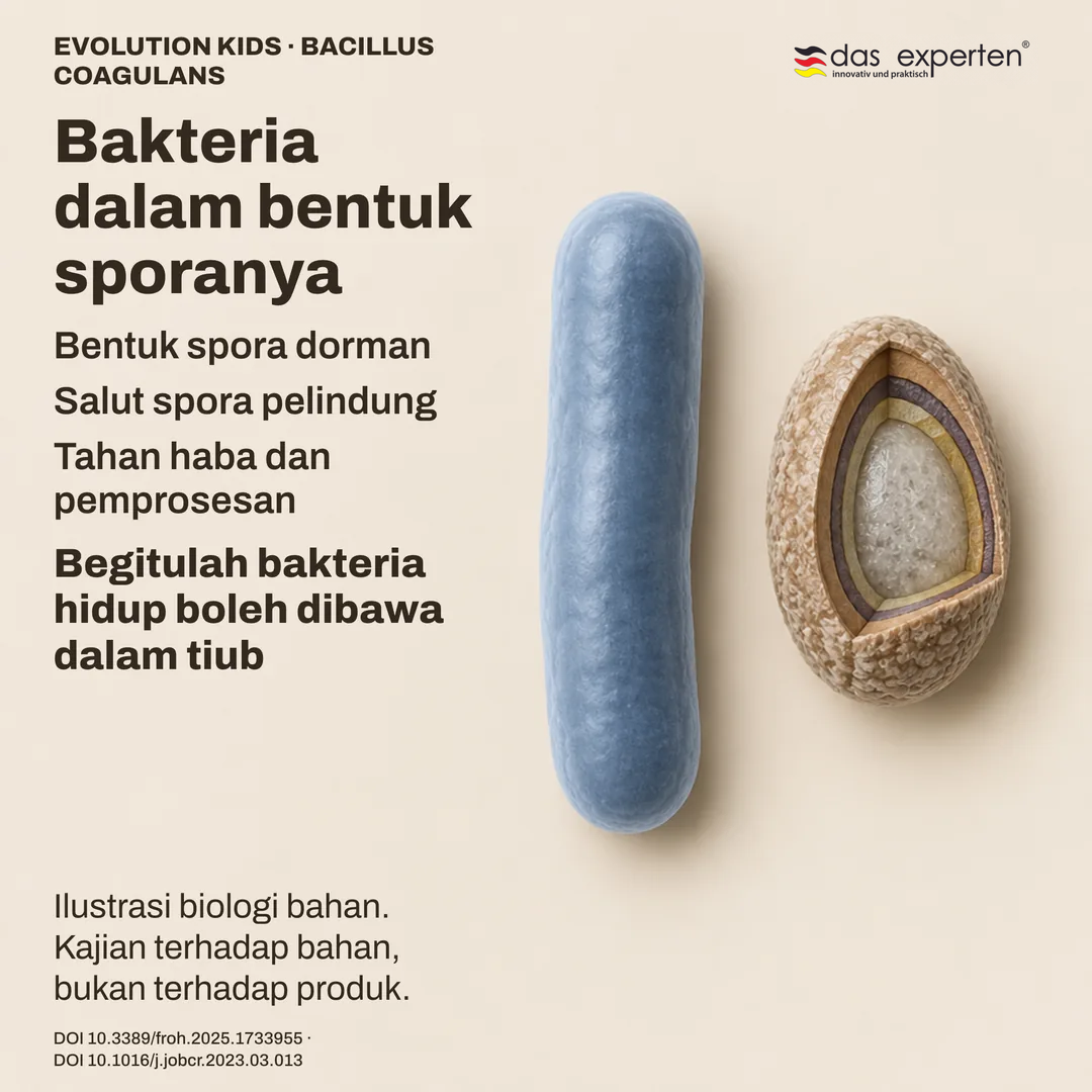 Skema spora dorman Bacillus coagulans dengan salut pelindung di sebelah bentuk rod: ilustrasi bahan