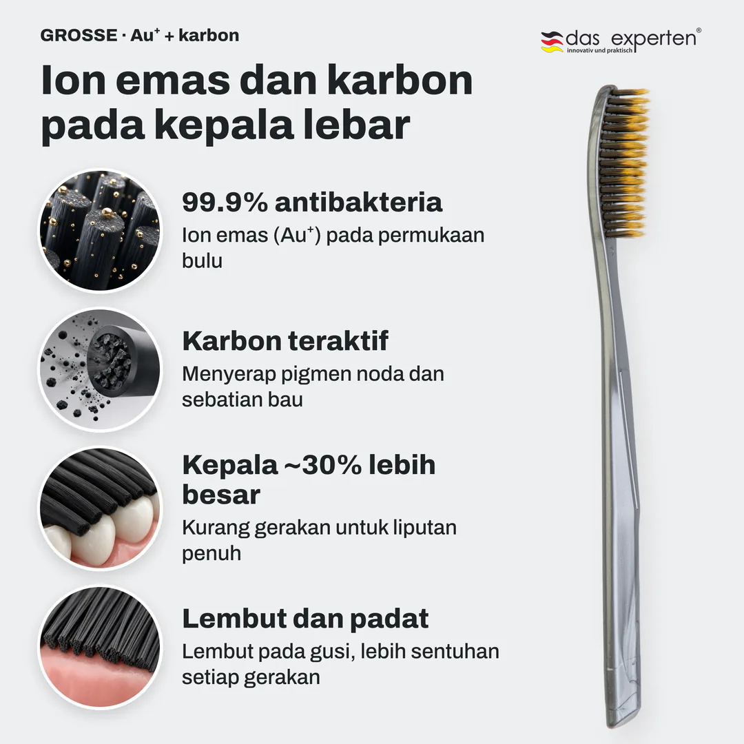 Ion emas dan karbon pada kepala lebar, 99.9% antibakteria; Karbon teraktif; Kepala ~30% lebih besar; Lembut dan padat