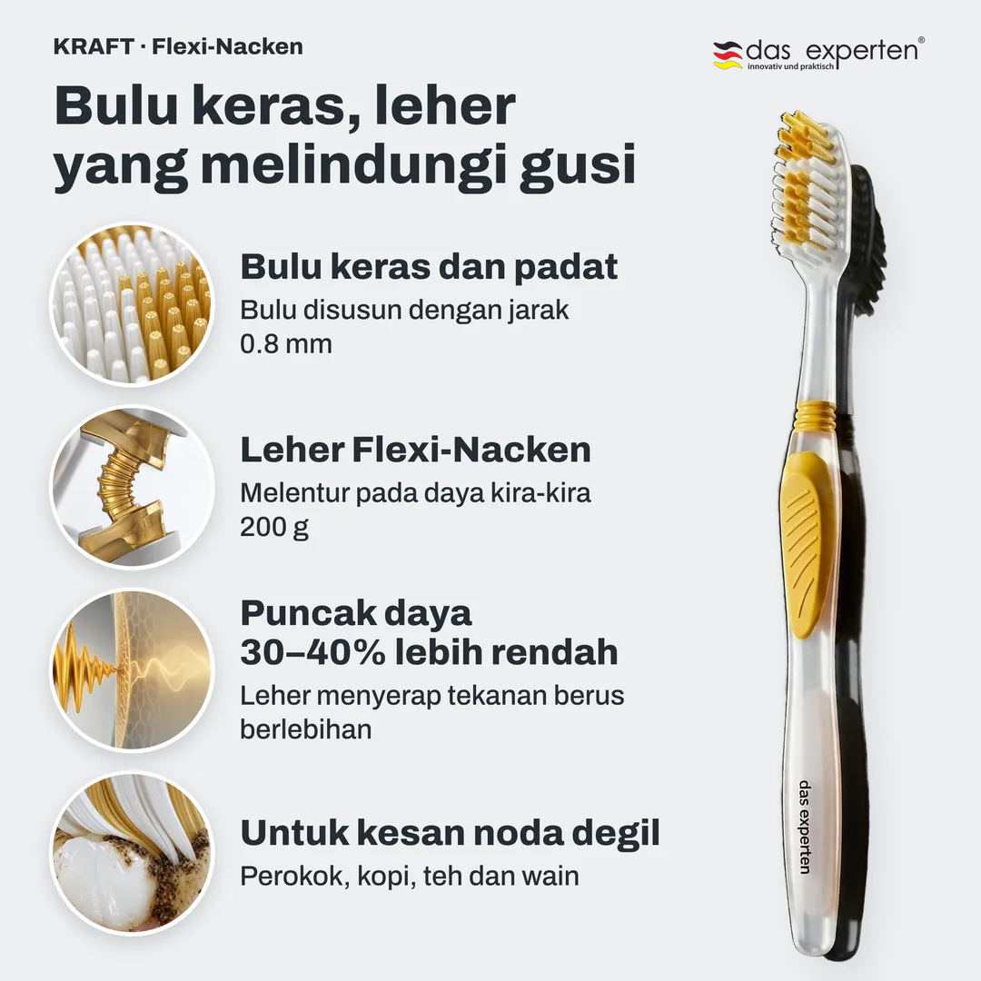 Bulu keras, leher yang melindungi gusi, Bulu keras dan padat; Leher Flexi Nacken; Puncak daya 30 hingga 40% lebih rendah; Untuk kesan noda degil