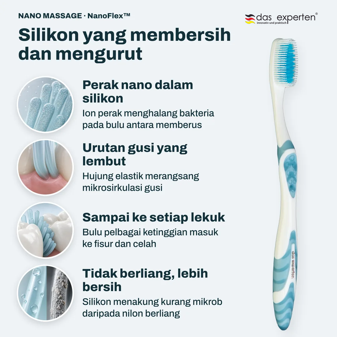 Silikon yang membersih dan mengurut, Perak nano dalam silikon; Urutan gusi yang lembut; Sampai ke setiap lekuk; Tidak berliang, lebih bersih