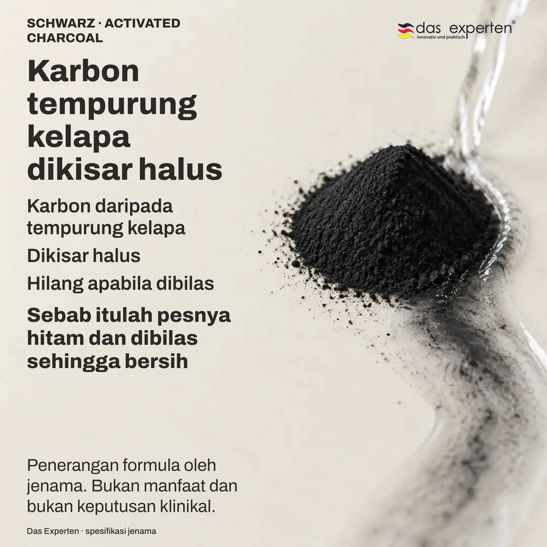 Ilustrasi serbuk karbon tempurung kelapa yang halus dibawa air bilasan: penerangan formula oleh jenama