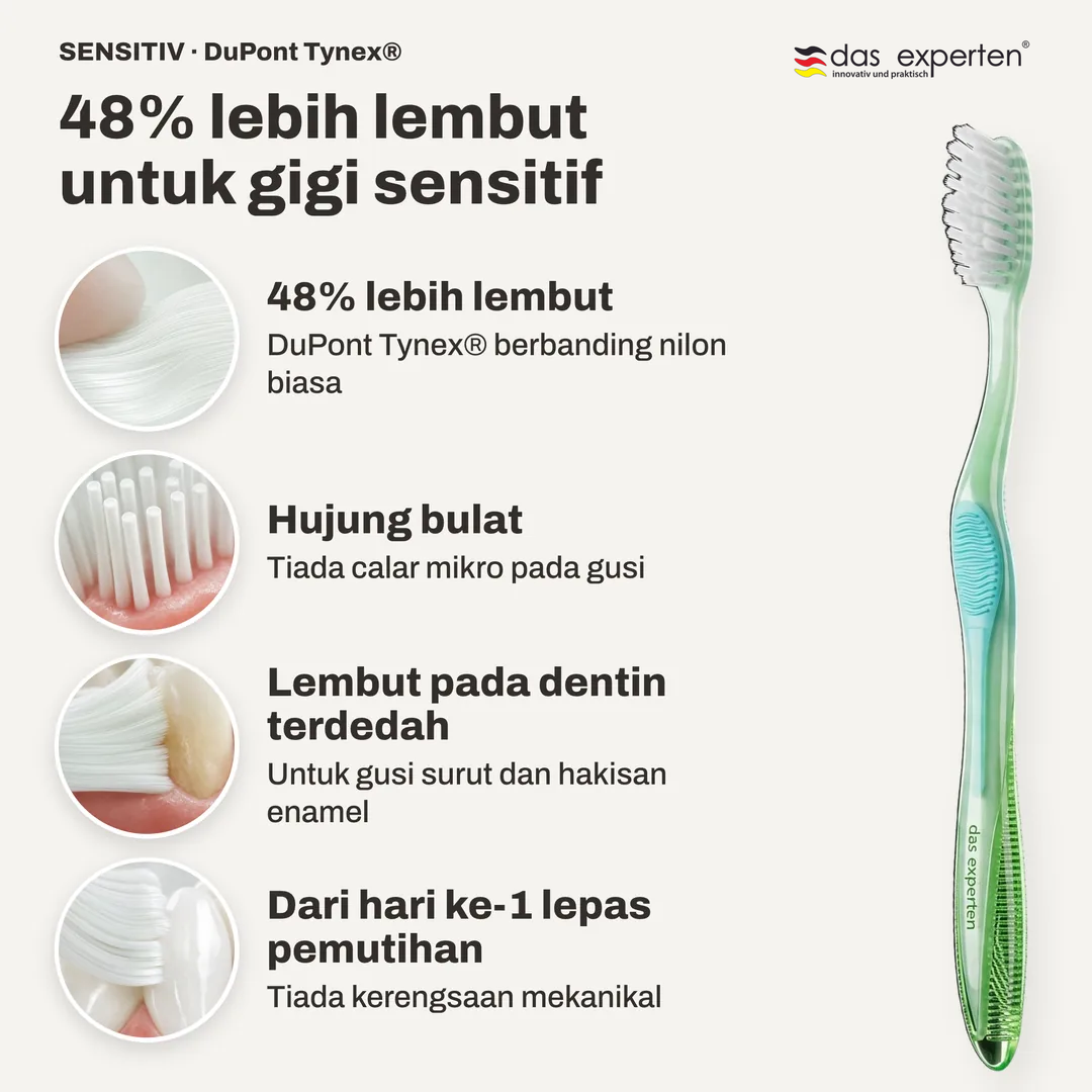 48% lebih lembut untuk gigi sensitif, 48% lebih lembut; Hujung bulat; Lembut pada dentin terdedah; Dari hari ke 1 lepas pemutihan