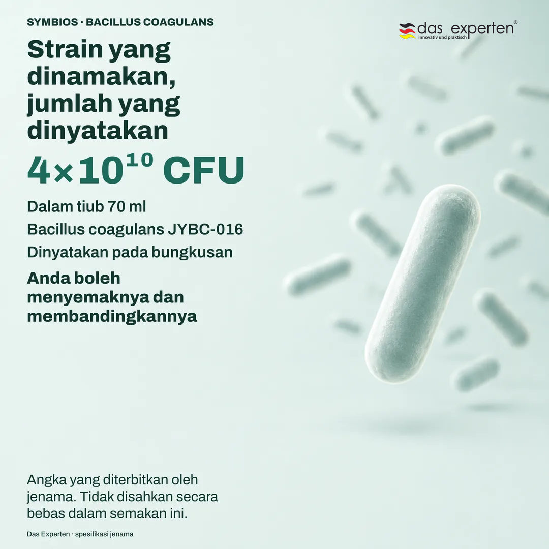 Ilustrasi plat spesifikasi dengan 4×10¹⁰ CFU dalam tiub 70 ml dan strain Bacillus coagulans JYBC 016 menurut jenama