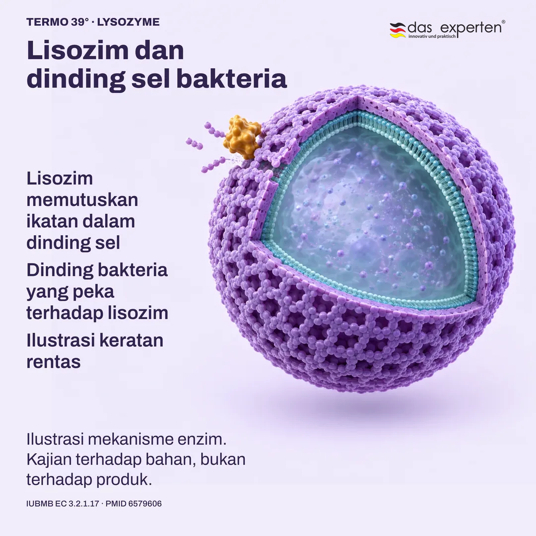 Ilustrasi keratan rentas: lisozim memutuskan ikatan dalam dinding sel bakteria yang peka terhadap lisozim