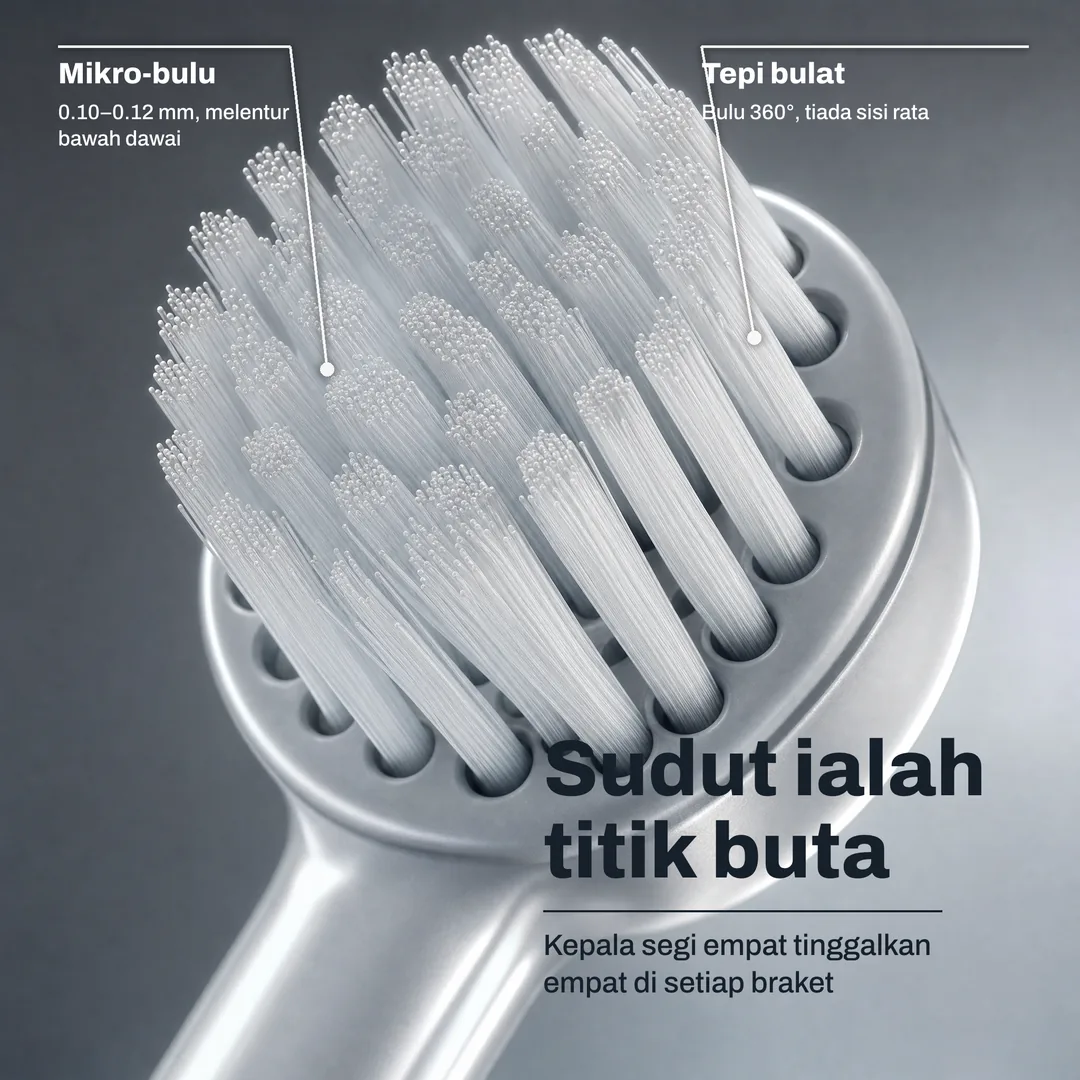 Sudut ialah titik buta, Kepala segi empat tinggalkan empat di setiap braket · Tepi bulat: Bulu 360°, tiada sisi rata · Mikro bulu: 0.10 hingga 0.12 mm, melentur bawah dawai