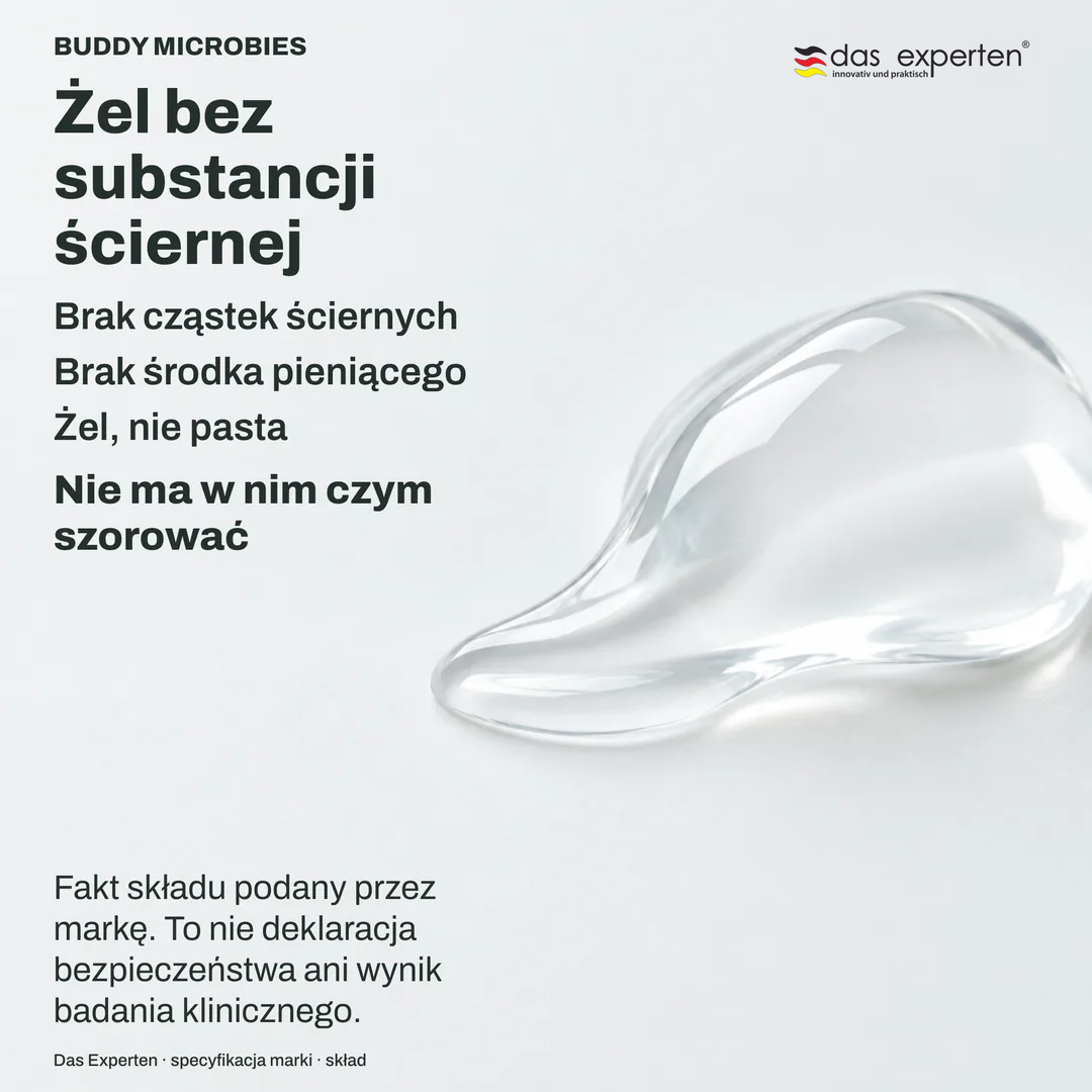 Ilustracja przezroczystego żelu na małej główce szczoteczki, bez piany: żel bez substancji ściernej