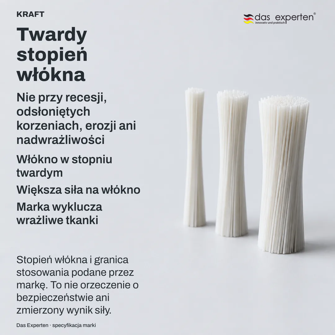 Tabliczka specyfikacji: stopień włókna na neutralnej skali, obok wykluczenie marki o tej samej wadze