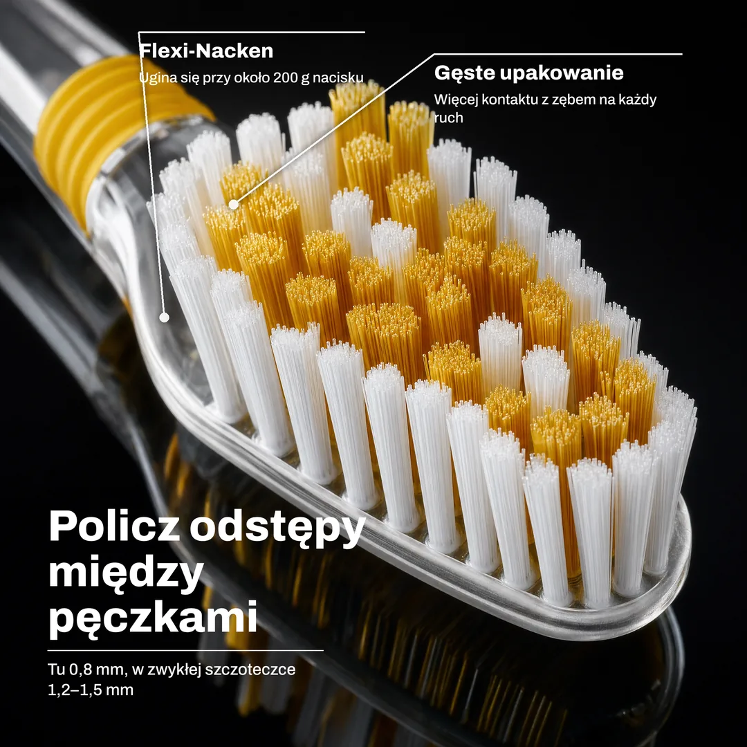 Policz odstępy między pęczkami, Tu 0,8 mm, w zwykłej szczoteczce 1,2 do 1,5 mm · Gęste upakowanie: Więcej kontaktu z zębem na każdy ruch · Flexi Nacken: Ugina się przy około 200 g nacisku