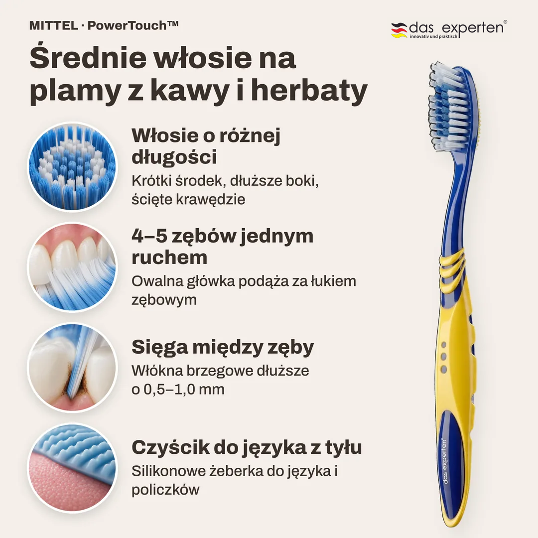 Średnie włosie na plamy z kawy i herbaty, Włosie o różnej długości; 4 do 5 zębów jednym ruchem; Sięga między zęby; Czyścik do języka z tyłu