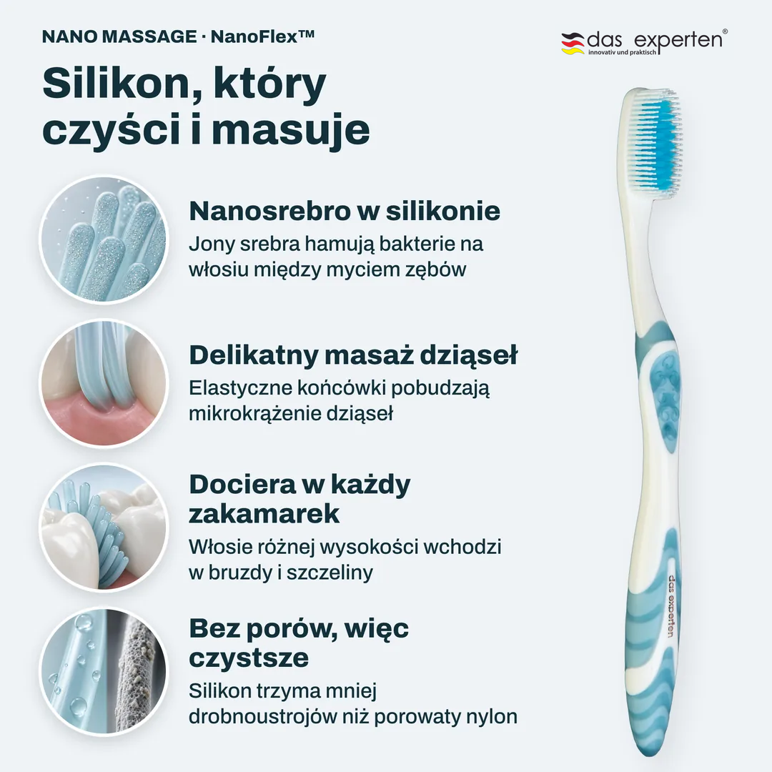 Silikon, który czyści i masuje, Nanosrebro w silikonie; Delikatny masaż dziąseł; Dociera w każdy zakamarek; Bez porów, więc czystsze