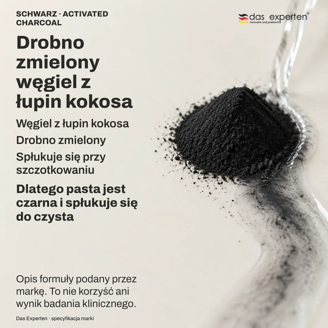 Ilustracja drobno zmielonego węgla kokosowego unoszonego przez wodę do płukania: opis formuły według marki