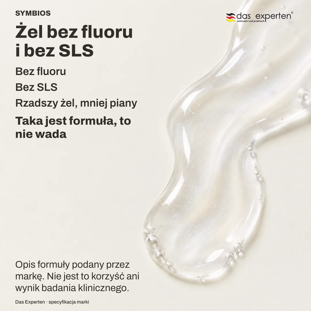 Ilustracja półprzezroczystego żelu na główce szczoteczki, rzadszego niż pasta i mało pieniącego