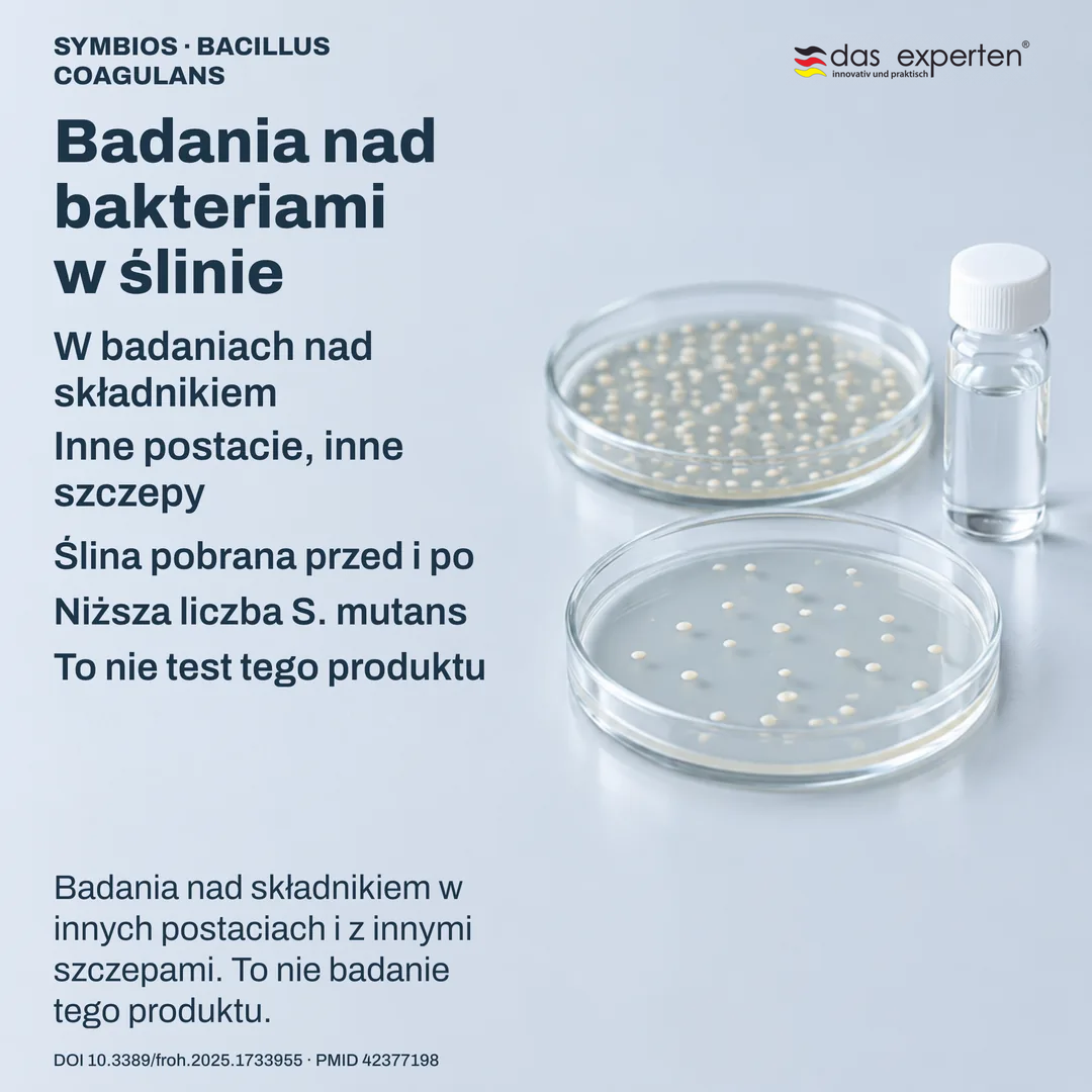Scena laboratoryjna: opisane próbki śliny i płytki hodowlane, badania nad składnikiem, nie nad tym produktem