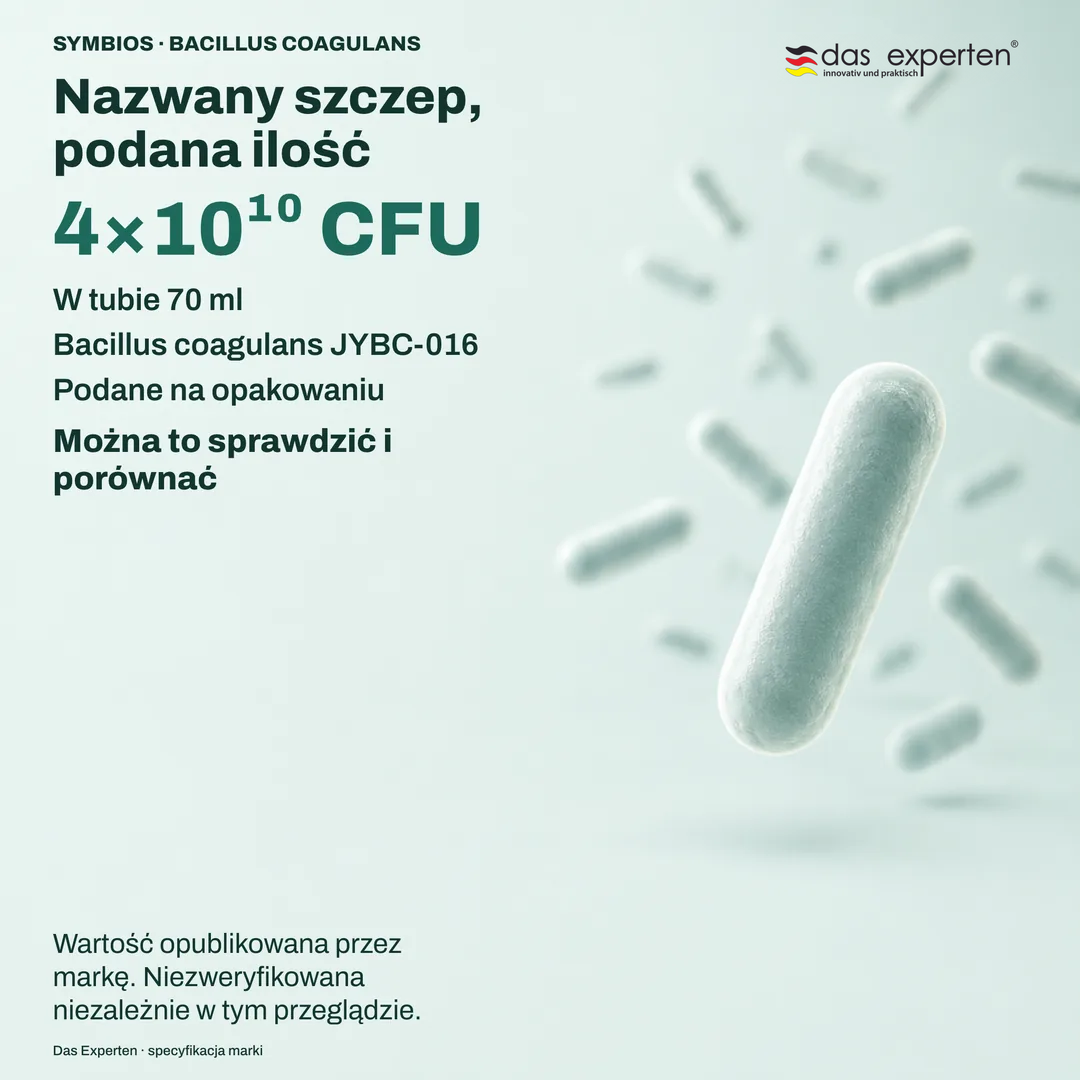 Poglądowa tabliczka specyfikacji z 4×10¹⁰ CFU w tubie 70 ml i szczepem Bacillus coagulans JYBC 016 według marki