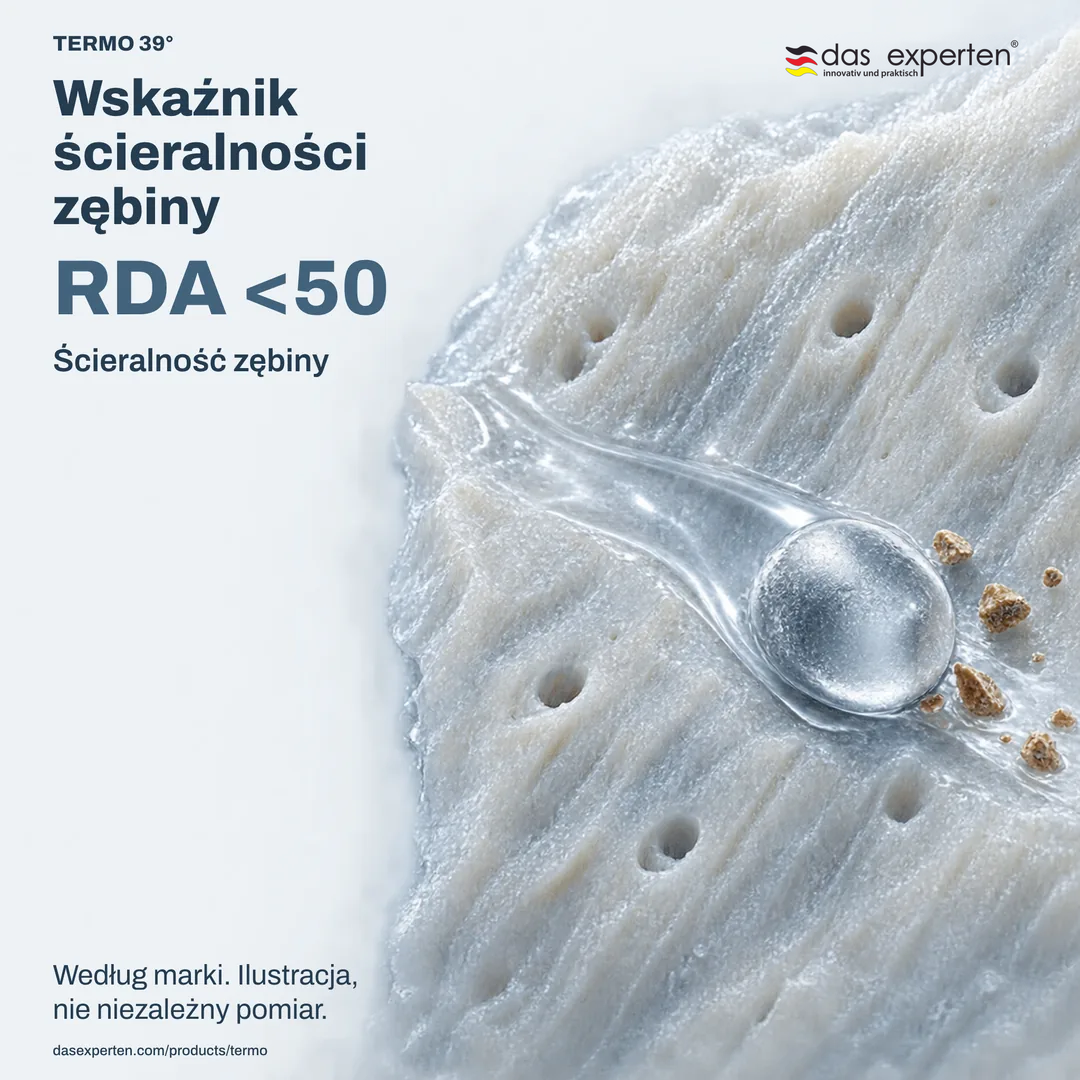 Poglądowa powierzchnia zębiny z wartością RDA <50: wskaźnik ścieralności zębiny według marki