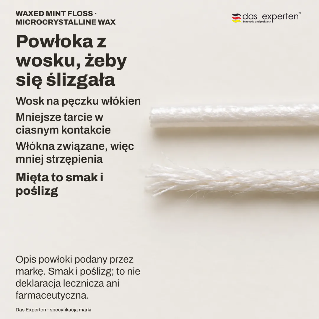 Studium materiału: nić woskowana w powiększeniu z ciągłą powłoką, obok pęczek bez wosku, którego włókna się rozchodzą