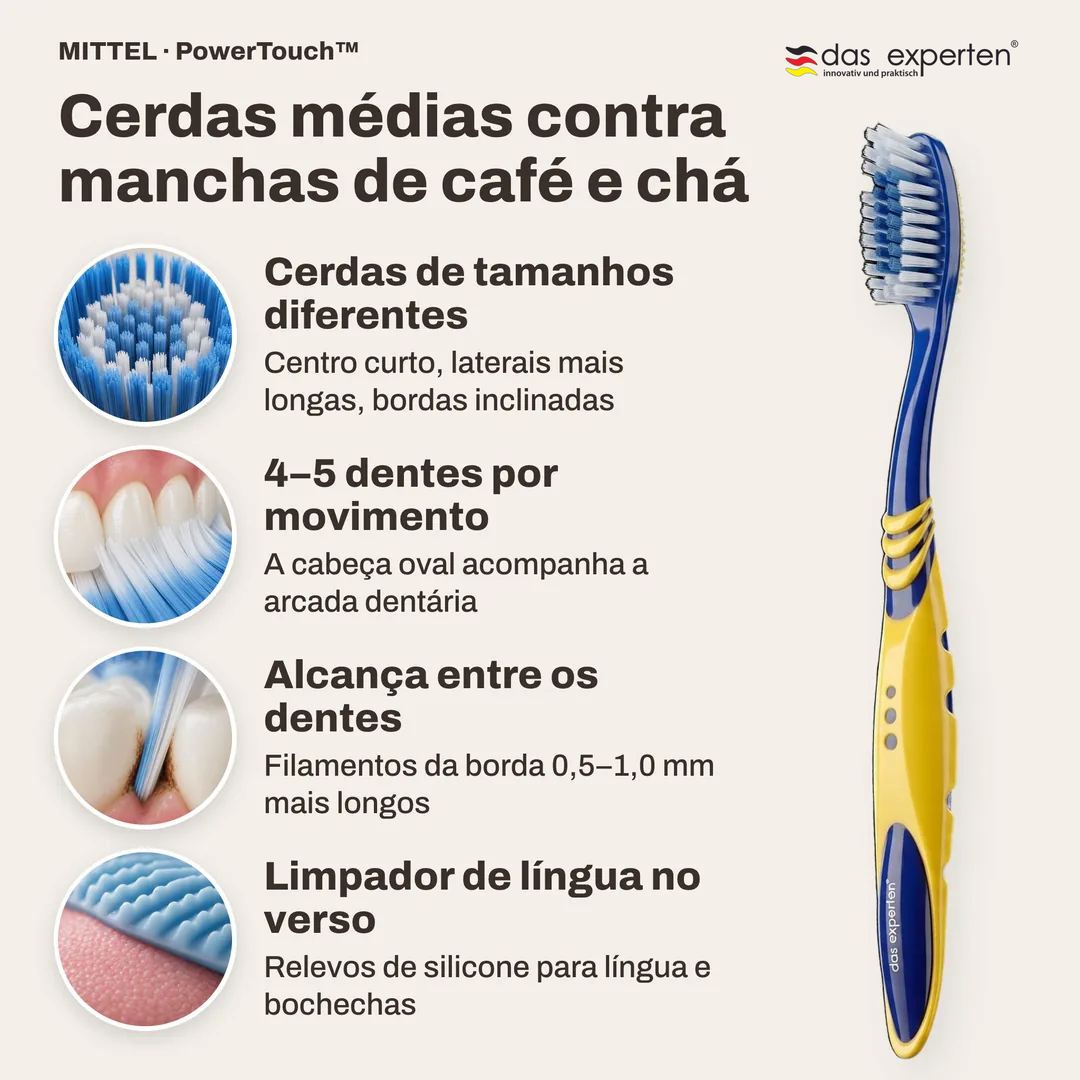 Cerdas médias contra manchas de café e chá, Cerdas de tamanhos diferentes; 4 a 5 dentes por movimento; Alcança entre os dentes; Limpador de língua no verso