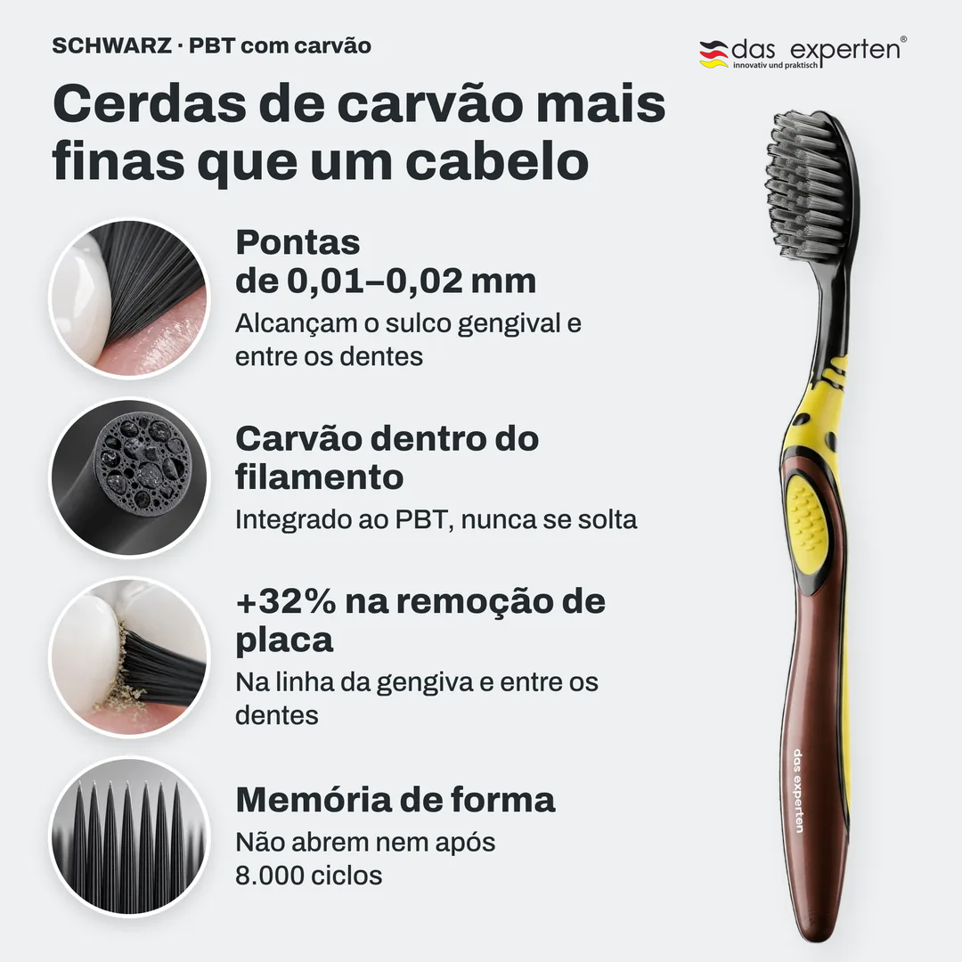 Cerdas de carvão mais finas que um cabelo, Pontas de 0,01 a 0,02 mm; Carvão dentro do filamento; +32% na remoção de placa; Memória de forma