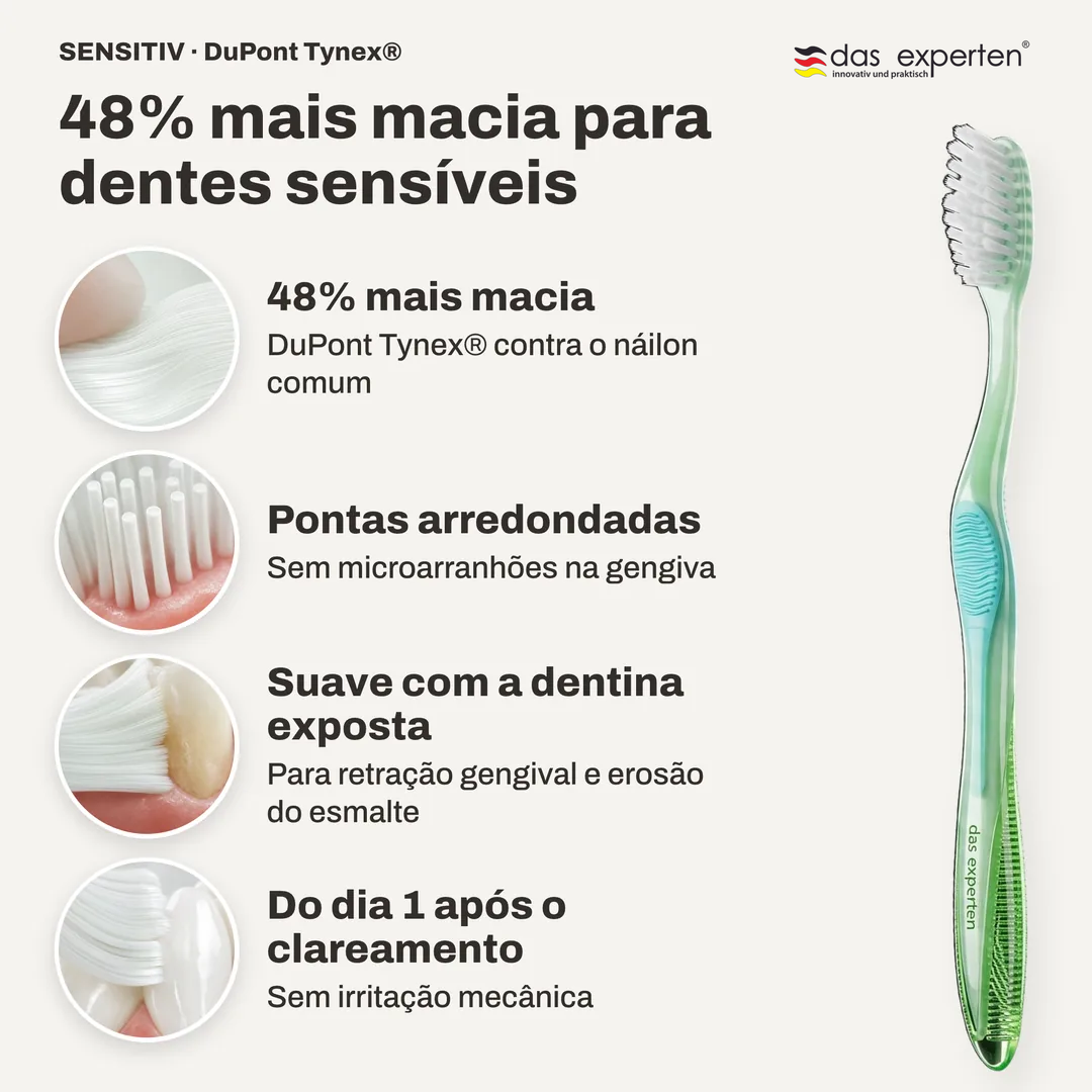 48% mais macia para dentes sensíveis, 48% mais macia; Pontas arredondadas; Suave com a dentina exposta; Do dia 1 após o clareamento