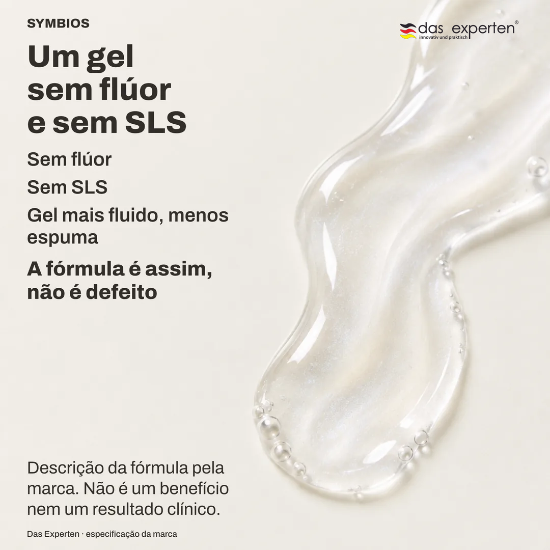 Ilustração de um gel translúcido na cabeça da escova, mais fluido que uma pasta e com pouca espuma