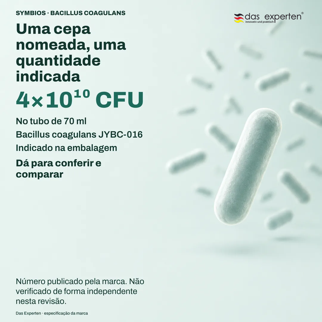 Placa de especificação ilustrada com 4×10¹⁰ CFU no tubo de 70 ml e a cepa Bacillus coagulans JYBC 016, segundo a marca