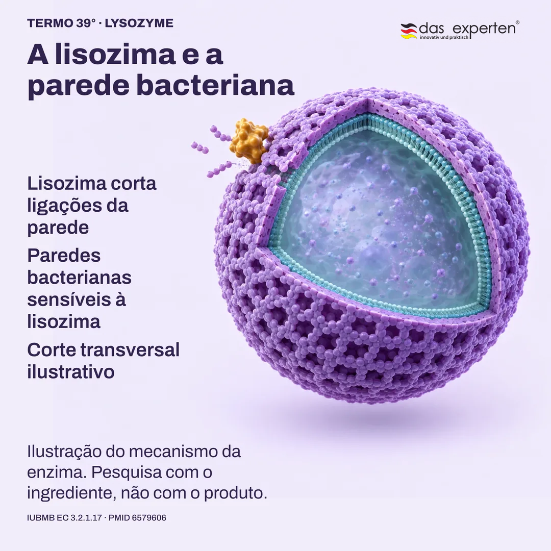 Corte ilustrativo de uma parede bacteriana sensível à lisozima, em que a enzima corta ligações