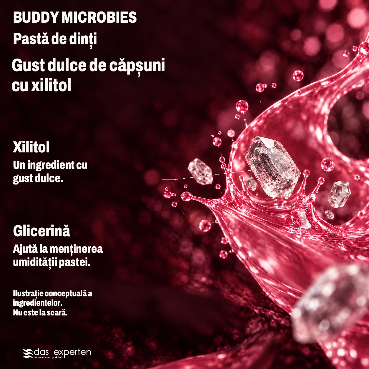BUDDY MICROBIES · Gust dulce de căpșuni · cu xilitol · Ilustrație conceptuală a ingredientelor. · Nu este la scară.