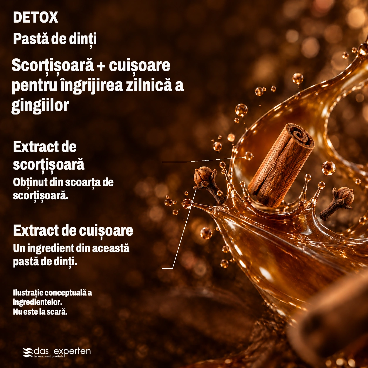 DETOX · Scorțișoară + cuișoare · pentru îngrijirea zilnică a gingiilor · Ilustrație conceptuală a ingredientelor. · Nu este la scară.