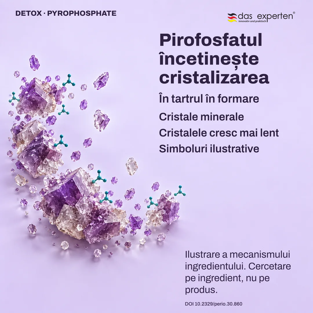 Ilustrație: cristalele minerale din tartrul în formare cresc mai lent cu pirofosfat